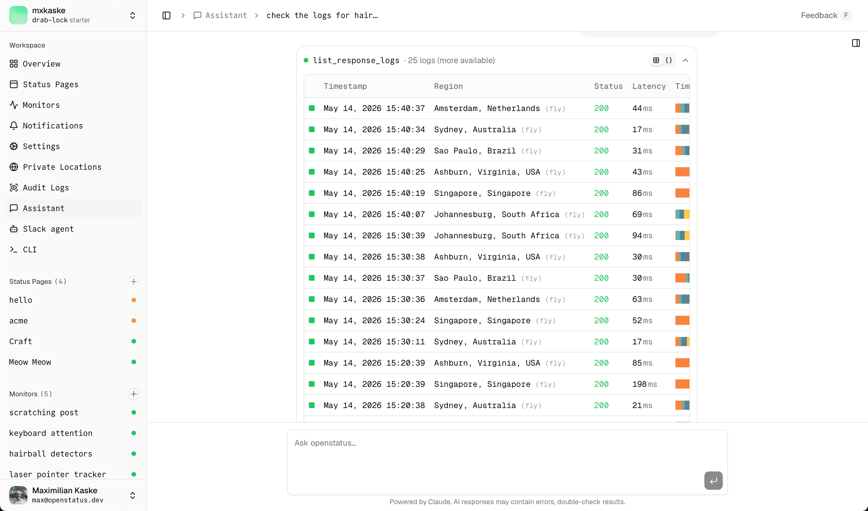 list_response_logs rendered as a table in chat, with timestamps, regions, status codes, and latencies